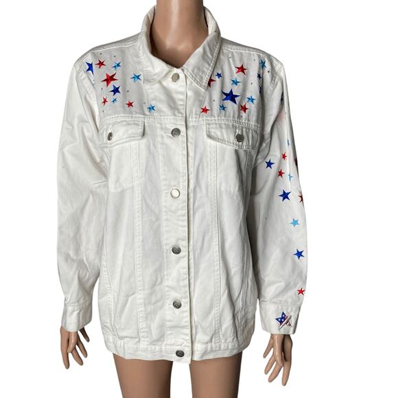 Quacker Factory Denim Jacket Womens 1X Embroidered Angel Red White Blue Stars - Picture 2 of 10